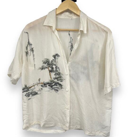 Unbranded Satin Ivory Asian Print Short Sleeve Oversized Button Up Top Small - Picture 2 of 9